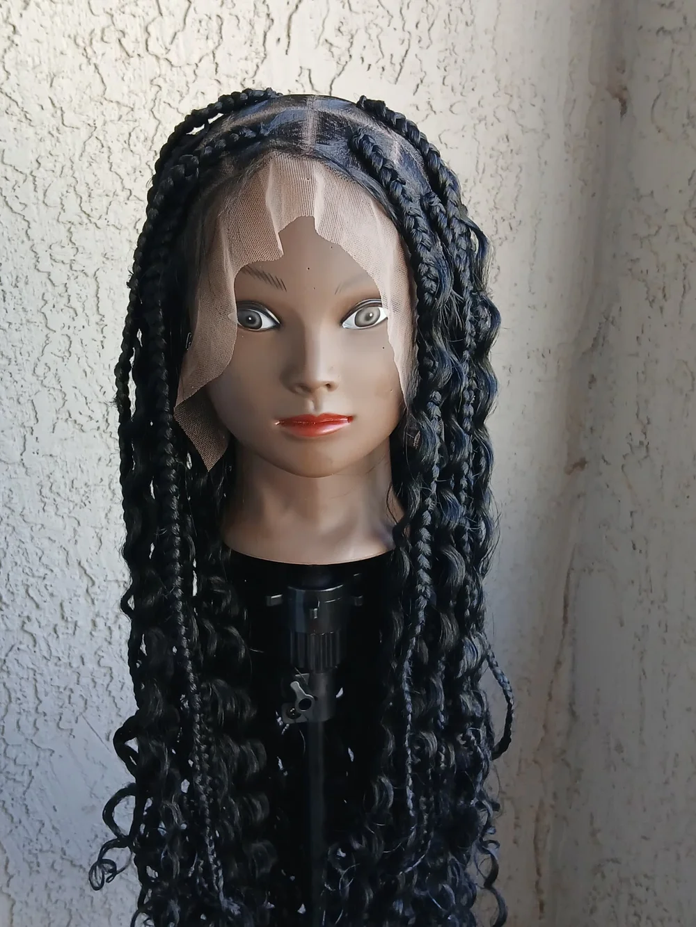 Premium Black Long Box Braids Wig with Curly Ends - Women Hair